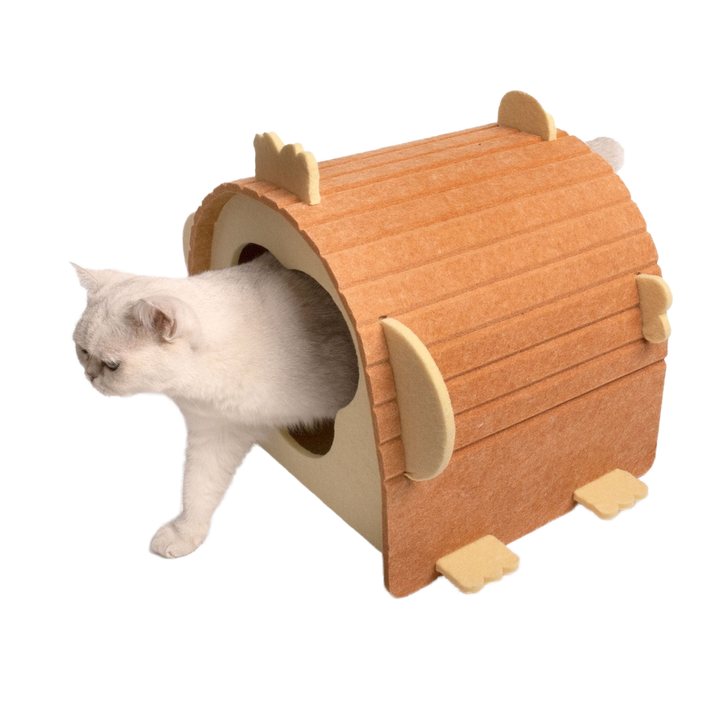 Arched felt cat cabin with a wood-grain print exterior, scalloped trim tabs and a round side opening
