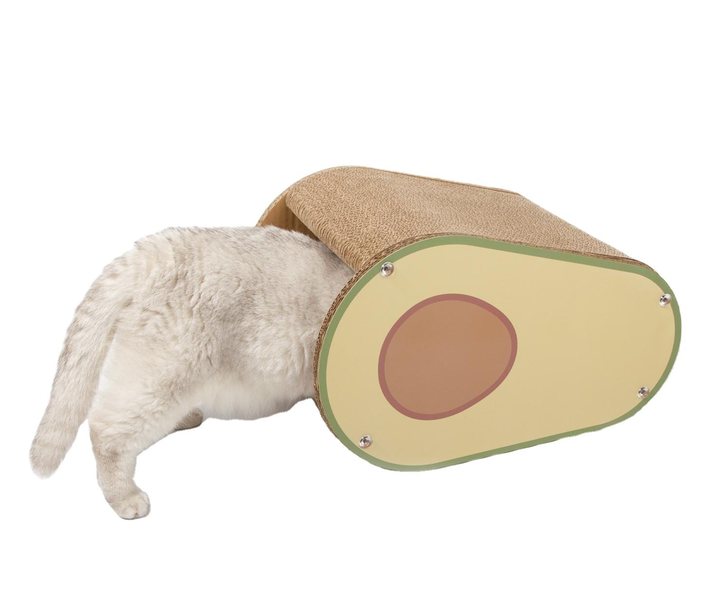 Avocado-shaped scratcher cat house with a corrugated scratch-pad top and a printed avocado cross-section design on the end