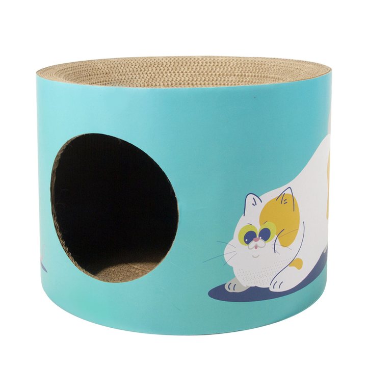 Cylindrical teal cardboard cat house with a corrugated scratch-pad rim and a printed cartoon cat design on the side
