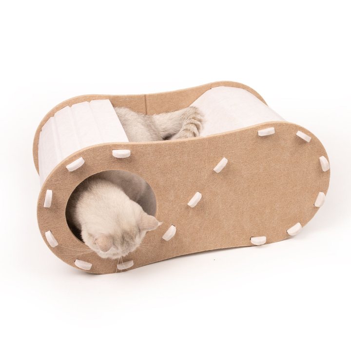 Oval felt cat tunnel with a scooped top opening, tan and cream two-tone stitched exterior