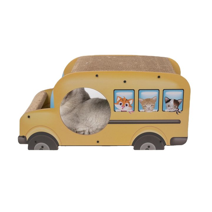 Yellow school-bus-shaped wooden cat scratcher lounge with a sisal-topped roof and a round cut-out entrance.