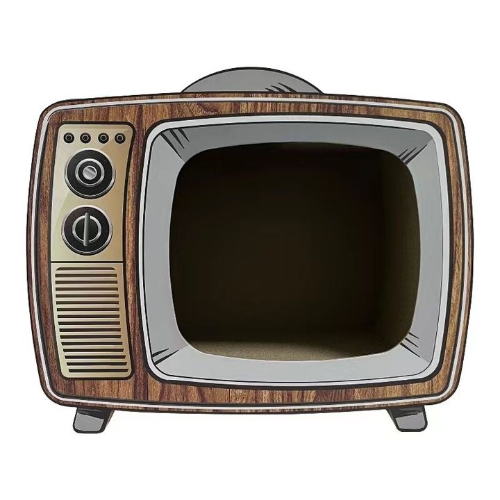 Retro television-shaped cat house in a wood-grain finish with a large square cut-out entrance.