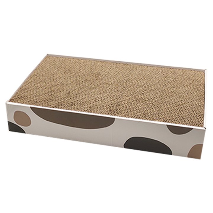 Rectangular corrugated cardboard cat scratcher pad with a polka-dot patterned base