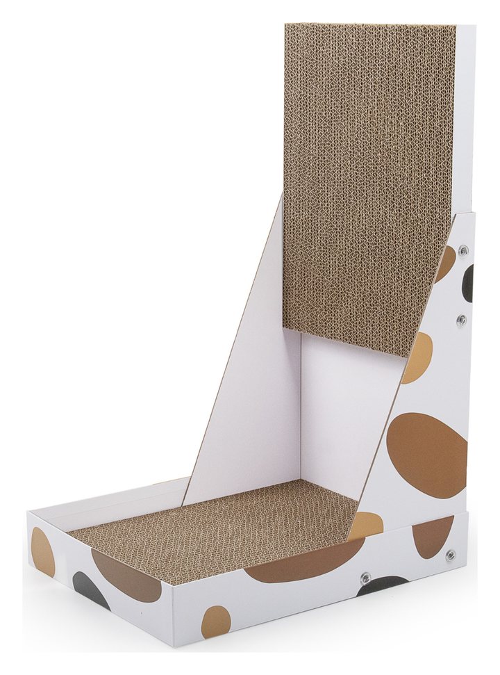 L-shaped corrugated cardboard cat scratcher with an upright scratch panel on a flat tray, in a white polka-dot pattern.