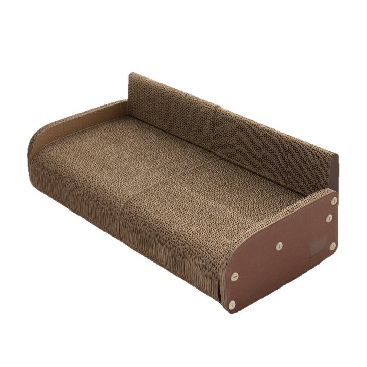 Sofa-shaped cardboard cat scratcher with a raised back panel, on a plain white background