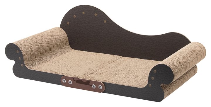 Chaise-lounge style cat scratcher sofa with faux-leather brown sides, a curved high-back headrest, and a corrugated cardboard scratch-pad seat.