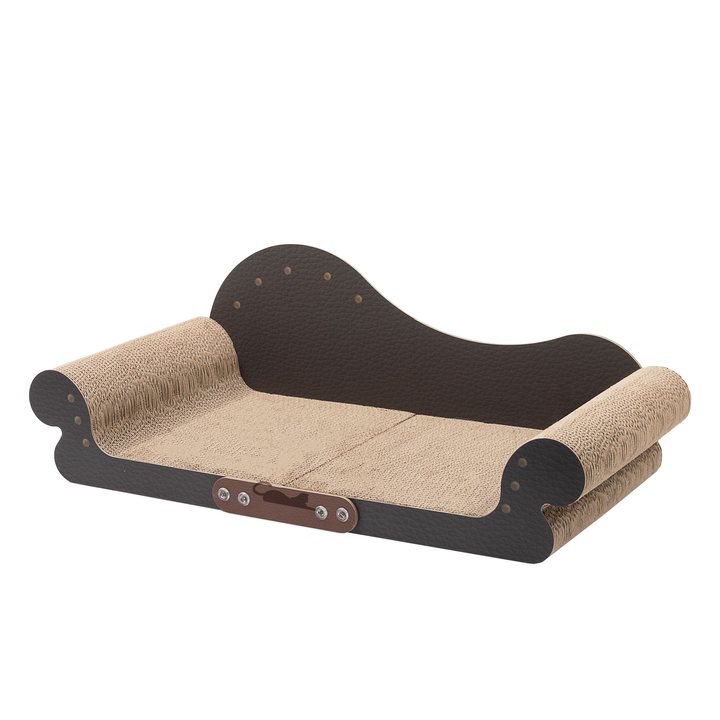 Dark brown faux-leather chaise-style cat scratcher lounge with scrolled arm ends and a natural cardboard scratch surface