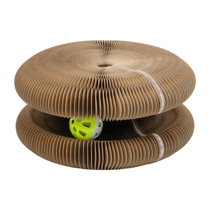 Brown accordion-fold corrugated cardboard cat scratcher shaped like a stacked ring tower, with a hidden ball toy inside
