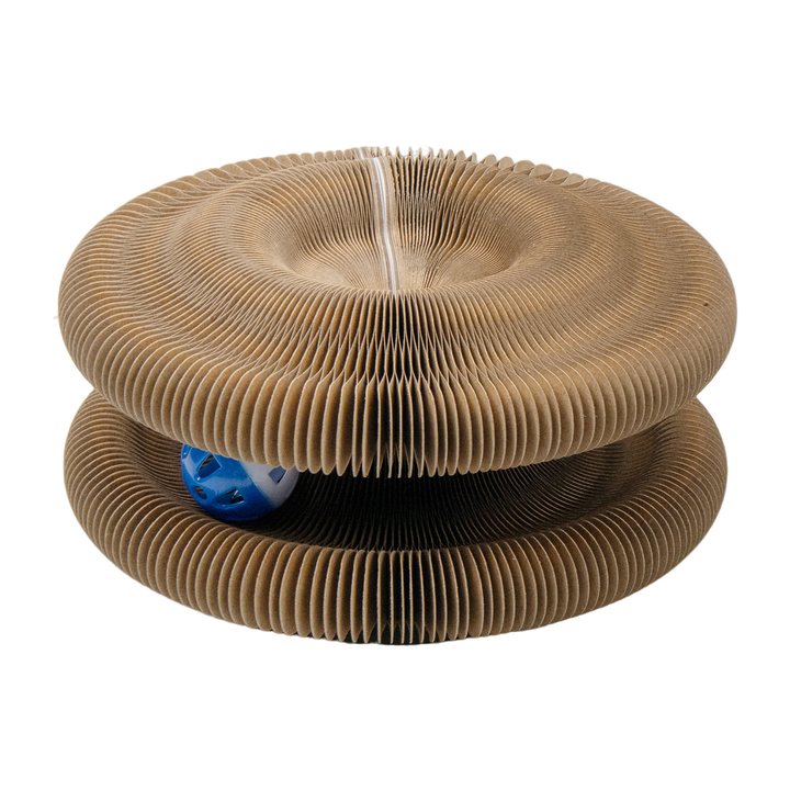 Brown accordion-fold corrugated cardboard cat scratcher shaped like two stacked rings, with a blue ball toy nested inside