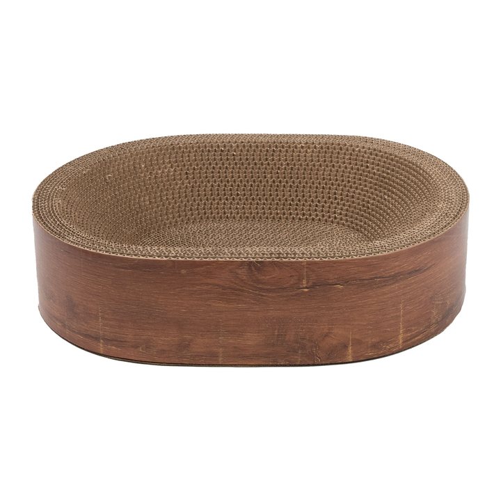 Oval cat scratcher bed with a dark wood-grain rim and natural cardboard scratch interior