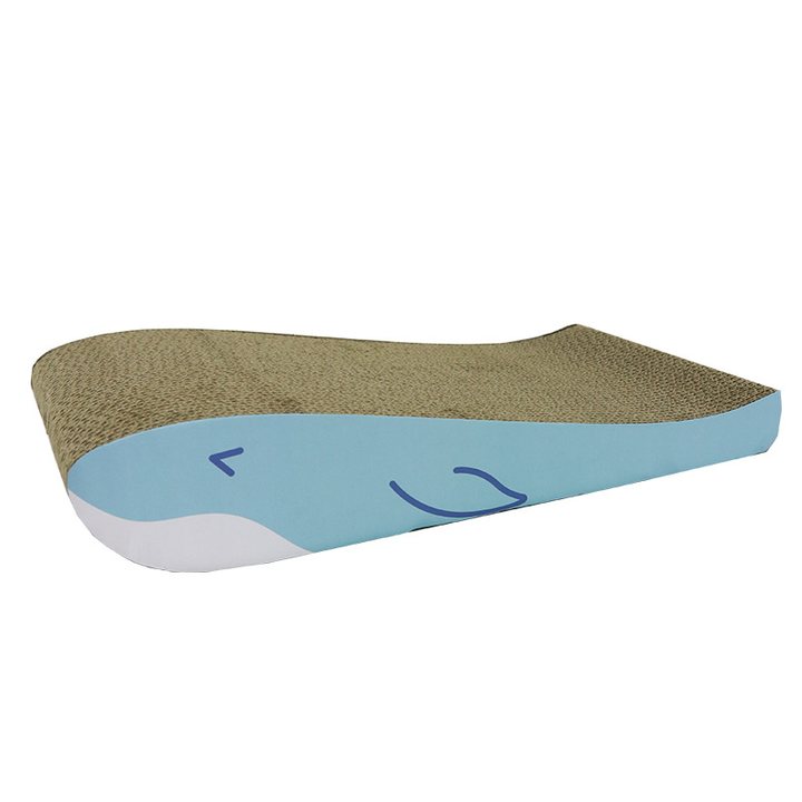 Whale-shaped corrugated cardboard cat scratcher board with a light blue printed whale design
