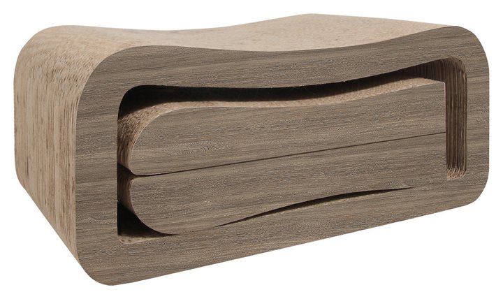 Wave-shaped cardboard cat scratcher lounge with a curved tunnel cutout, on a plain white background