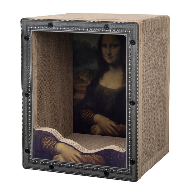 Corrugated cardboard cat scratcher shaped like an ornate picture frame, with a decorative framed-art print inside and a wavy scratch-pad cutout along the base, in natural kraft cardboard.