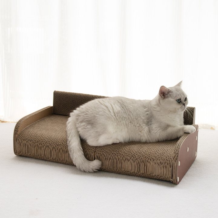 Cat relaxing on a low corrugated-cardboard sofa-style scratcher with a raised back and armrest.