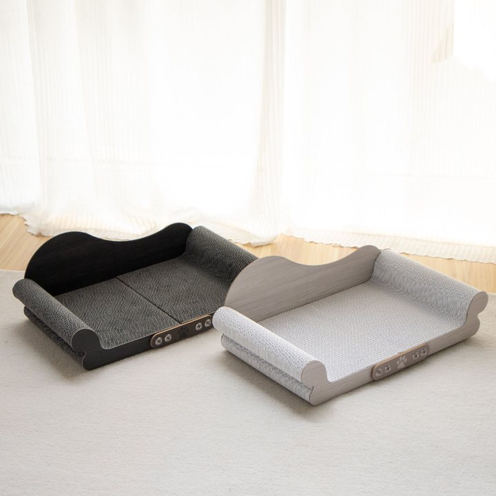 Two scroll-arm corrugated cardboard cat scratcher lounges shown in dark and light color options.
