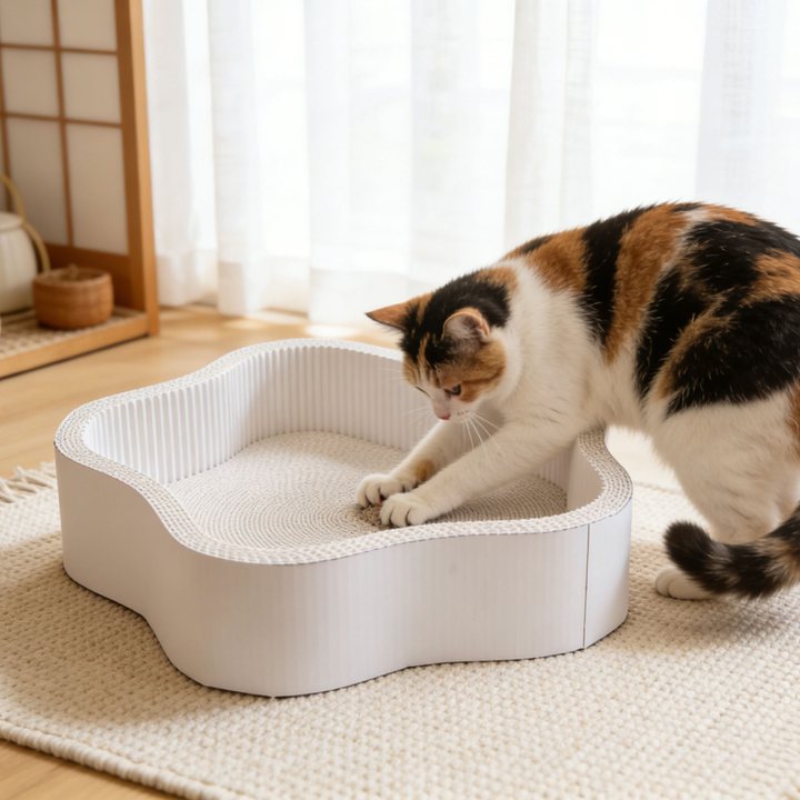 White cloud-shaped corrugated cardboard cat scratcher nest with a scalloped rim, shown on a woven mat.