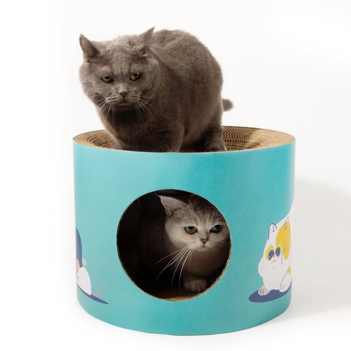 Cylindrical corrugated cardboard cat house and scratcher in teal with a round side entrance, on a white background.