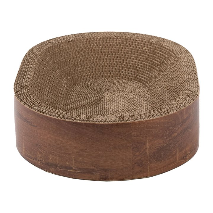 Round corrugated cardboard cat scratcher lounge with a wood-grain-print outer wall.