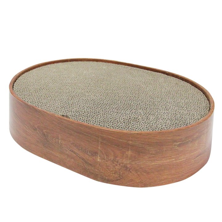Oval cat scratcher box with a wood-grain finish and a replaceable corrugated cardboard scratch pad on top.
