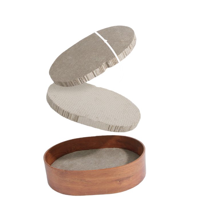Oval wood-grain cat scratcher box shown with its two replaceable corrugated cardboard pads separated above the base.