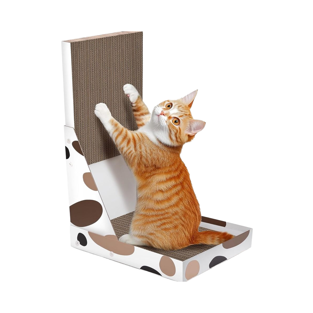 White and brown-spot L-shaped cat scratcher with a low tray and upright corrugated panel; a cat scratches the upright.