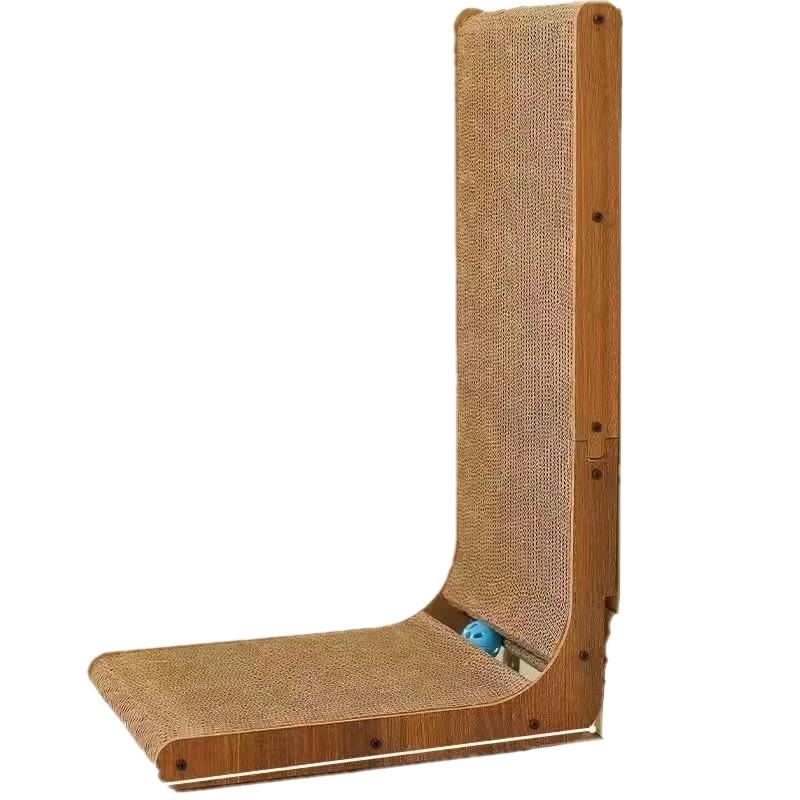 Wood-grain L-shaped cat scratcher with a tall corrugated upright, short floor pad and blue ball at the bend.