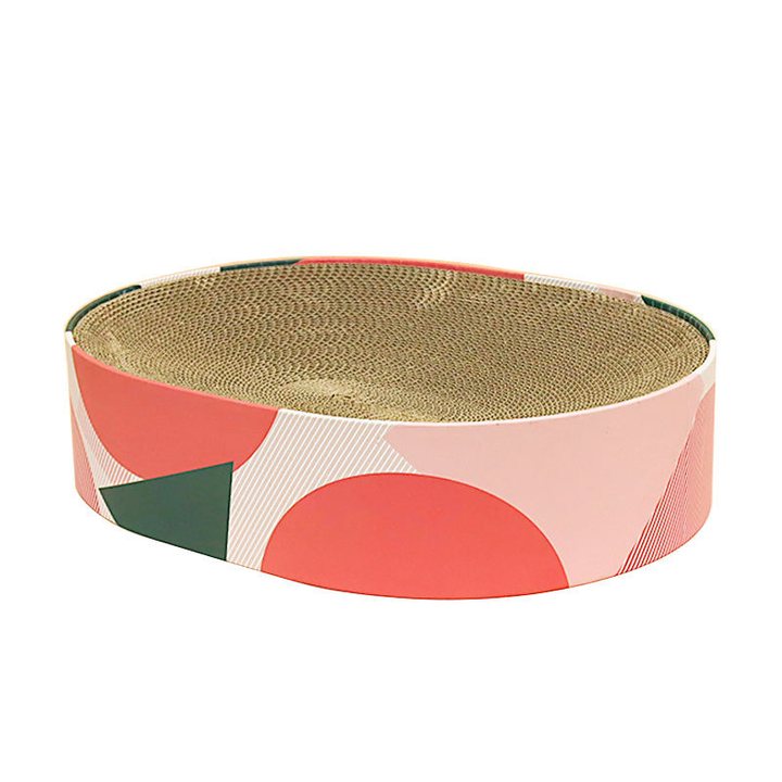 Shallow oval cat scratcher nest with a corrugated cardboard base and a geometric-print rim.