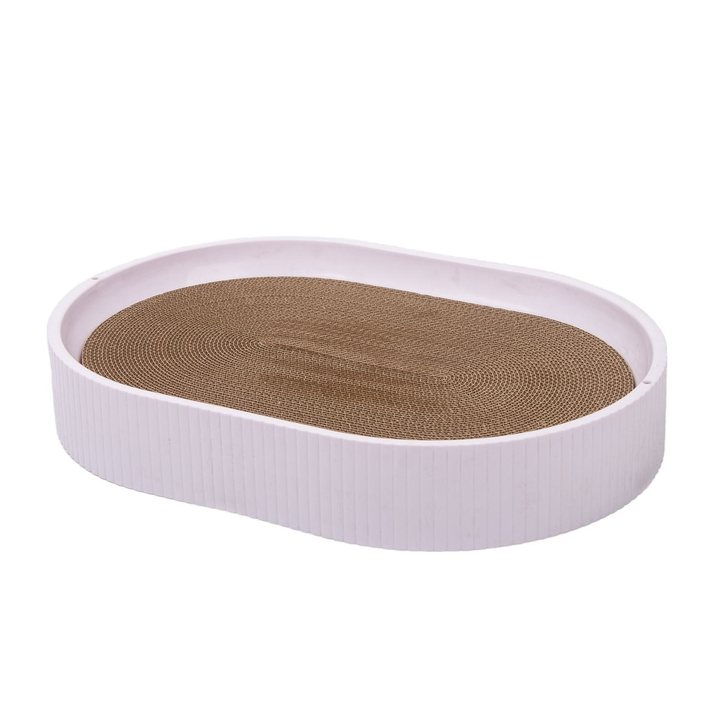 White oval cat scratcher nest with a ribbed rim and a corrugated cardboard scratch insert.