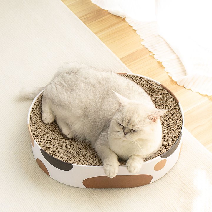 Round cat scratcher nest with a printed rim and a corrugated cardboard scratch surface.