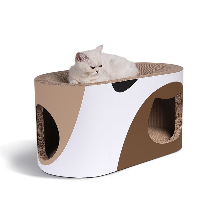 Oval cardboard cat hideaway with two round entrance holes and a corrugated cardboard scratch top.