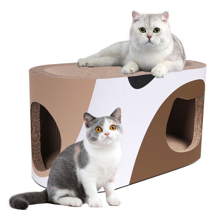 Oval cardboard cat hideaway with two round entrance holes and a corrugated cardboard scratch top.