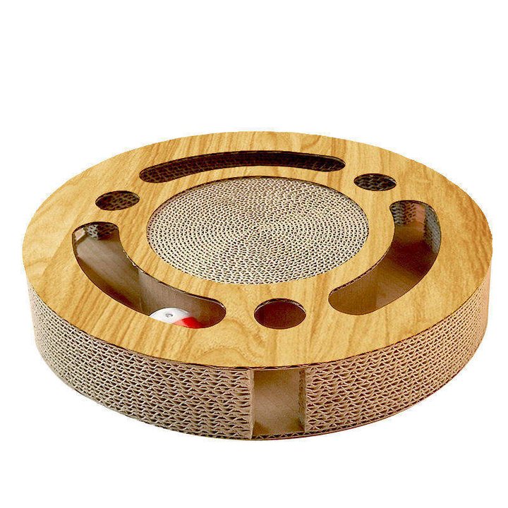 Round cardboard cat scratch pad with an outer ball-track ring.