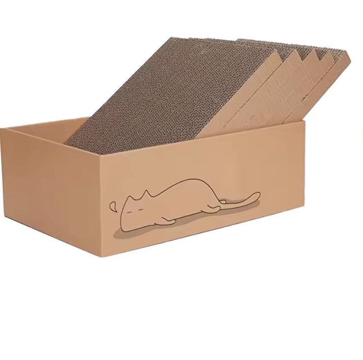 Curved corrugated cardboard cat scratch-pad refills shown above their shipping carton.