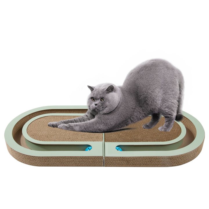 Oval cat scratcher lounge with a built-in ball track and a corrugated cardboard scratch surface.