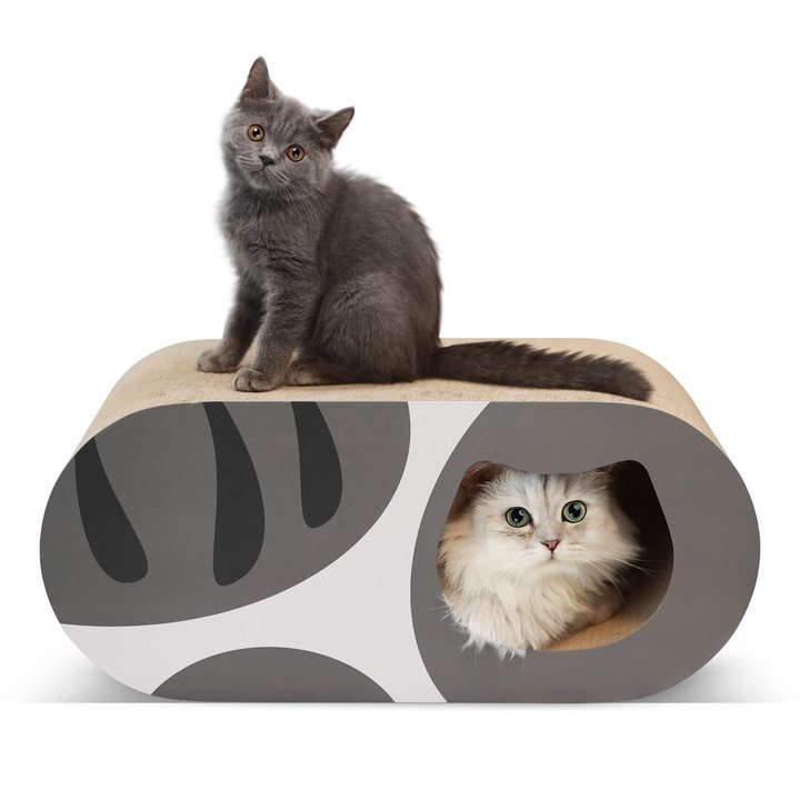 Rounded cardboard cat house scratcher with a printed paw-print pattern and a tunnel opening.