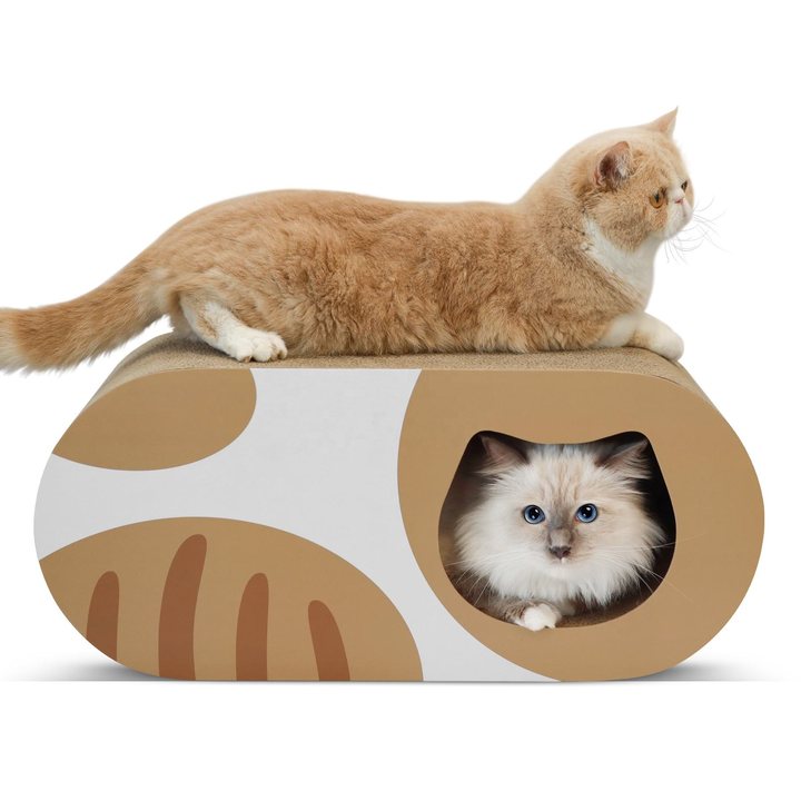 Rounded cardboard cat house scratcher with a tunnel opening.