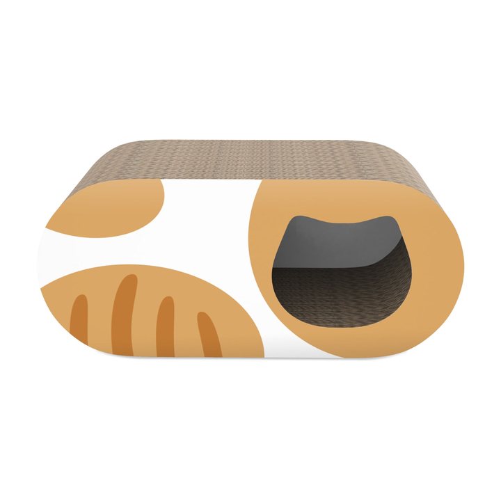 A rectangular cat scratcher lounge with a paw-print pattern in white and tan, a woven corrugated-cardboard top and open tunnel end revealing a dark interior.