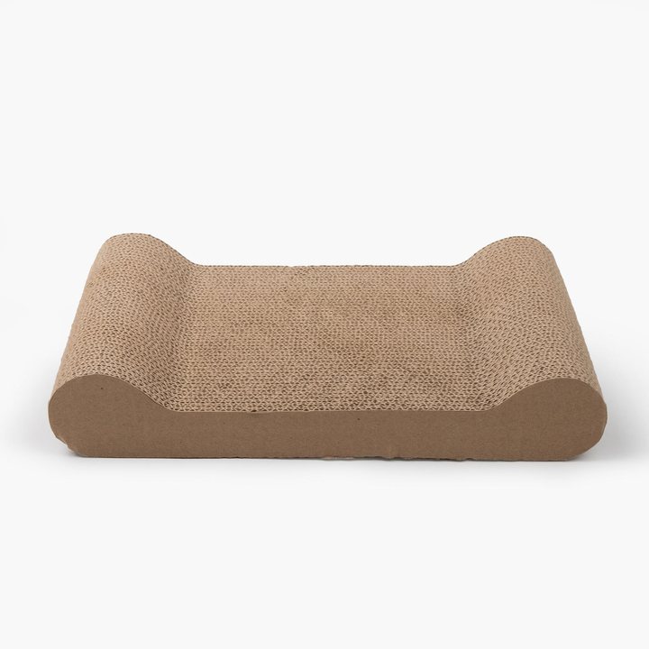 S-curve shaped corrugated cardboard cat scratcher lounge in plain kraft brown
