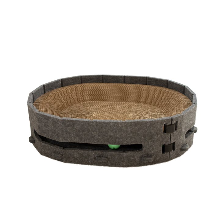 Oval cat scratcher nest with a dark grey felt rim and a built-in ball-track slot