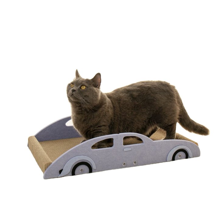 Car-shaped corrugated cardboard cat scratcher lounge in light blue-grey felt