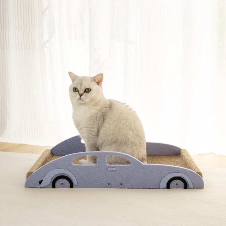 Car-shaped corrugated cardboard cat scratcher lounge in light blue-grey felt
