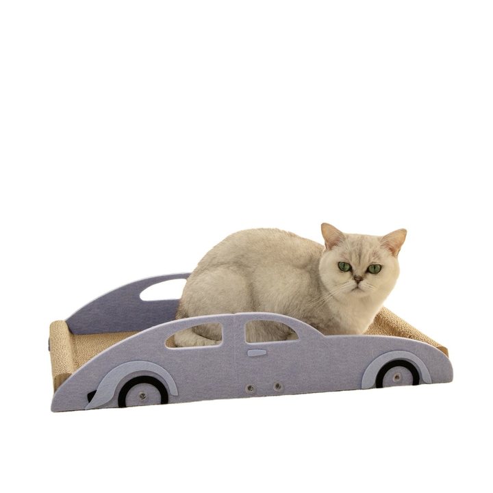 Car-shaped corrugated cardboard cat scratcher lounge in light blue-grey felt