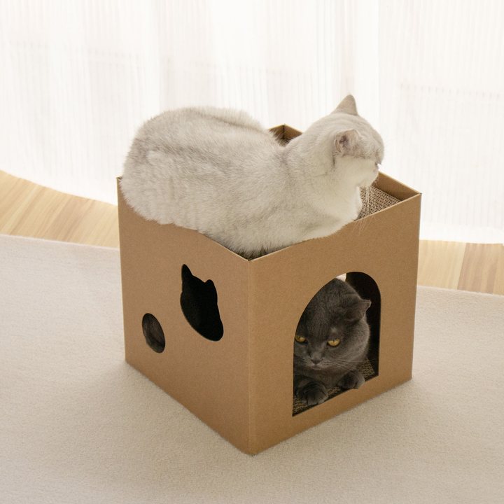 Cube-shaped kraft cardboard cat house scratcher with a cat-face cutout, round cutout and arched doorway