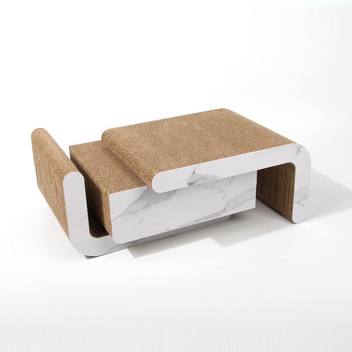 Low U-shaped cardboard cat scratcher bench with marble-pattern side panels and a curved corrugated scratch top.
