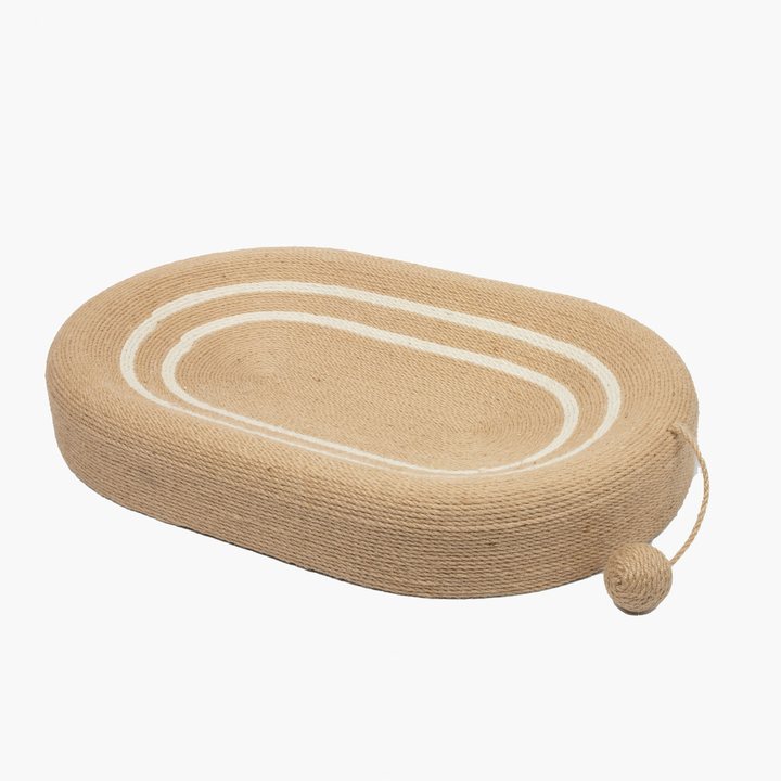 Oval sisal-rope cat scratcher nest with a woven double-ring pattern and a small attached sisal ball toy.