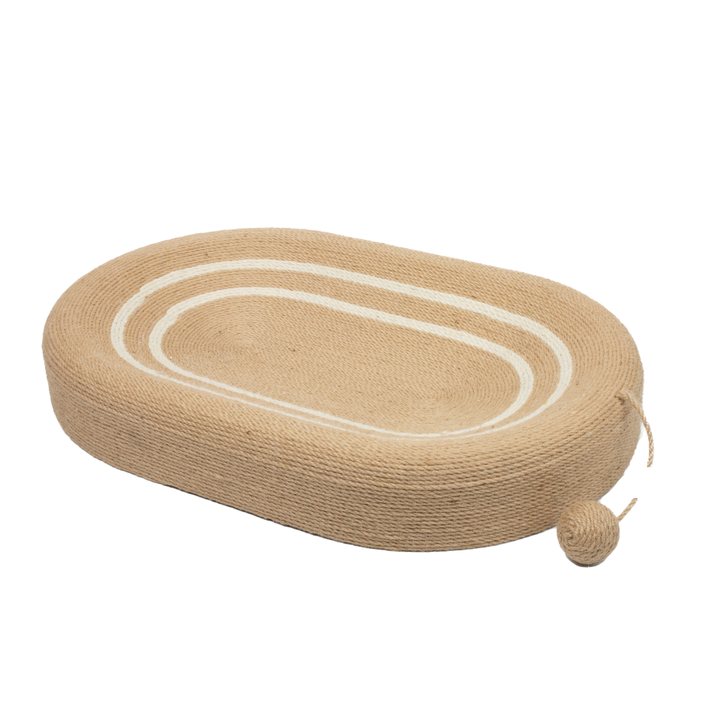 Oval sisal-rope cat scratcher nest with a woven double-ring pattern and a small attached sisal ball toy.