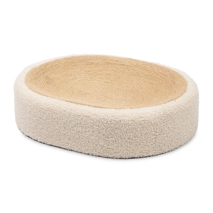 Oval cat scratcher nest with a jute-rope base and a cream padded boucle-fabric rim.