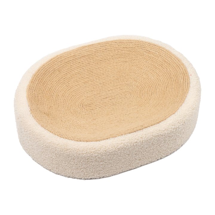 Oval cat scratcher nest with a jute-rope base and a cream padded boucle-fabric rim.