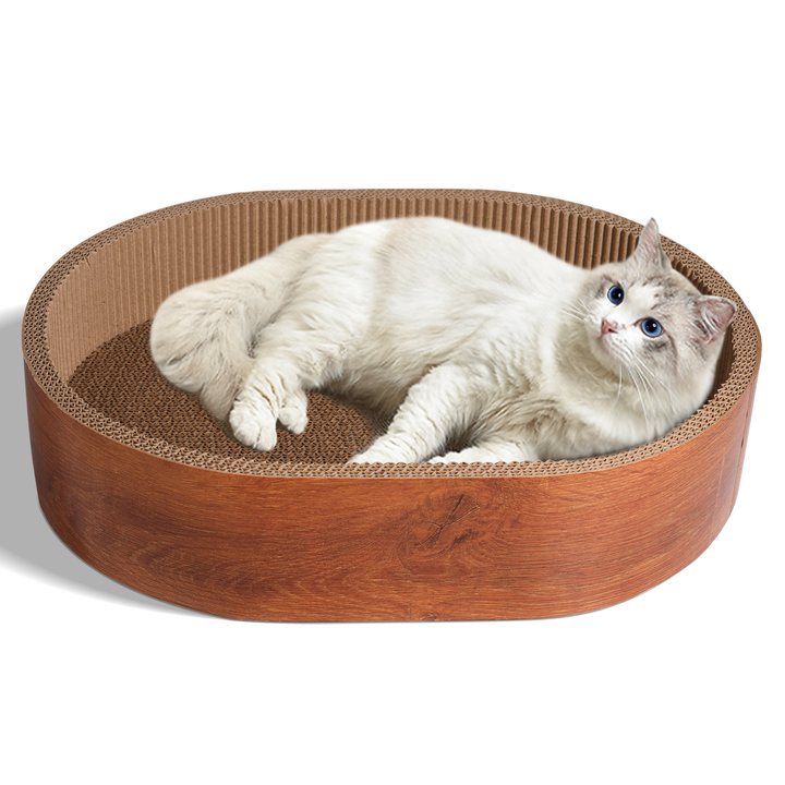 Round wood-grain-print cat scratcher nest bowl shown on a white background with a cat resting inside.