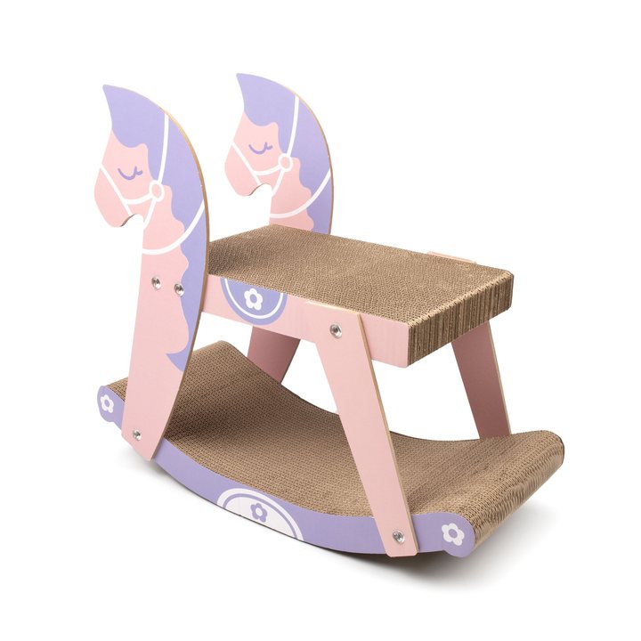 Rocking-horse-shaped cardboard cat scratcher in pink and lavender with a flat corrugated scratch-pad seat.